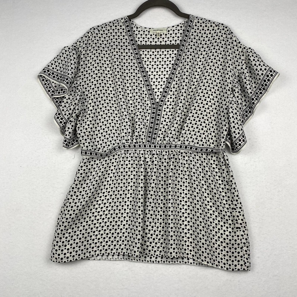 Nordstrom Max Studio Womens‎ Medium Short Sleeve Ruffle Polka Dot V Neck Blouse